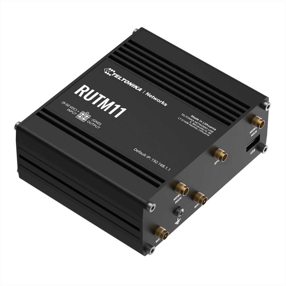Schwarzer Teltonika RUTM11 Industrie-Router mit mehreren Antennenhäfen und Ethernet-/USB-Anschlüssen auf weißem Hintergrund.
