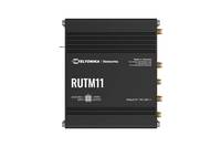 Schwarzes Teltonika RUTM11 Router-/Modemgerät, Vorderansicht mit Beschriftung und seitlichen Antennenanschlüssen.