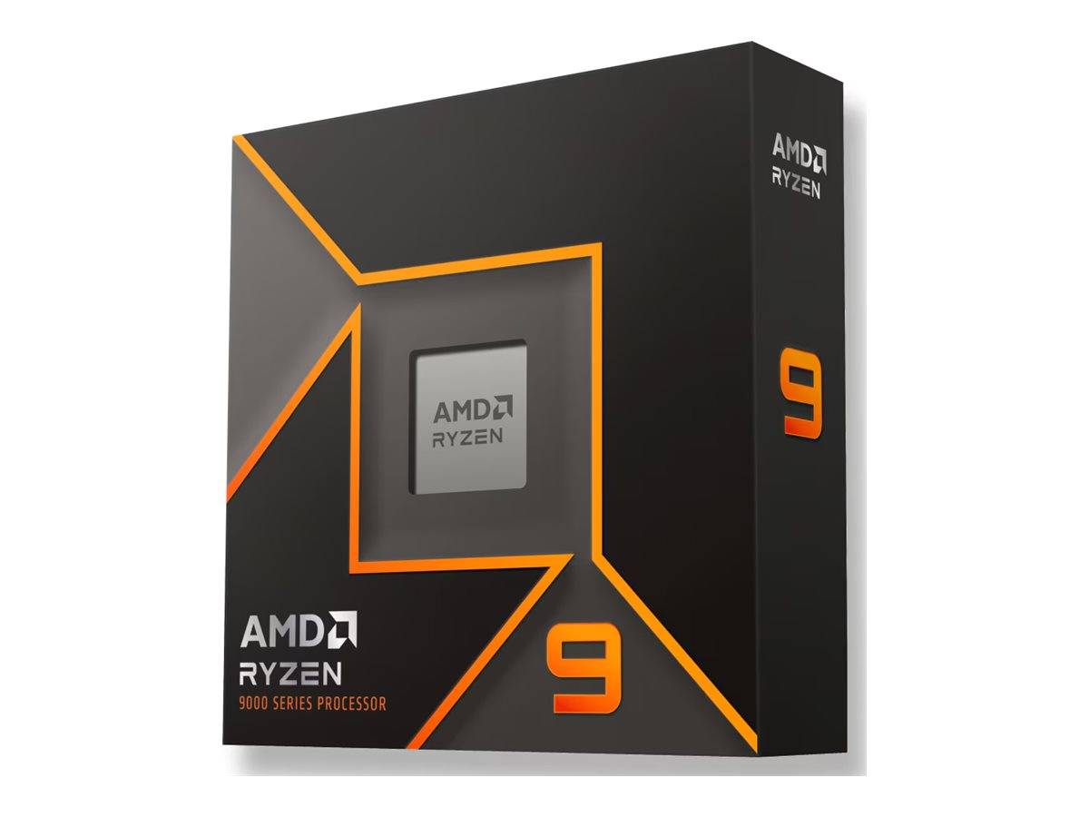 AMD Ryzen 9 9000er Prozessor-Einzelhandelsverpackung, schwarz mit orangefarbenen geometrischen Akzenten und großem 