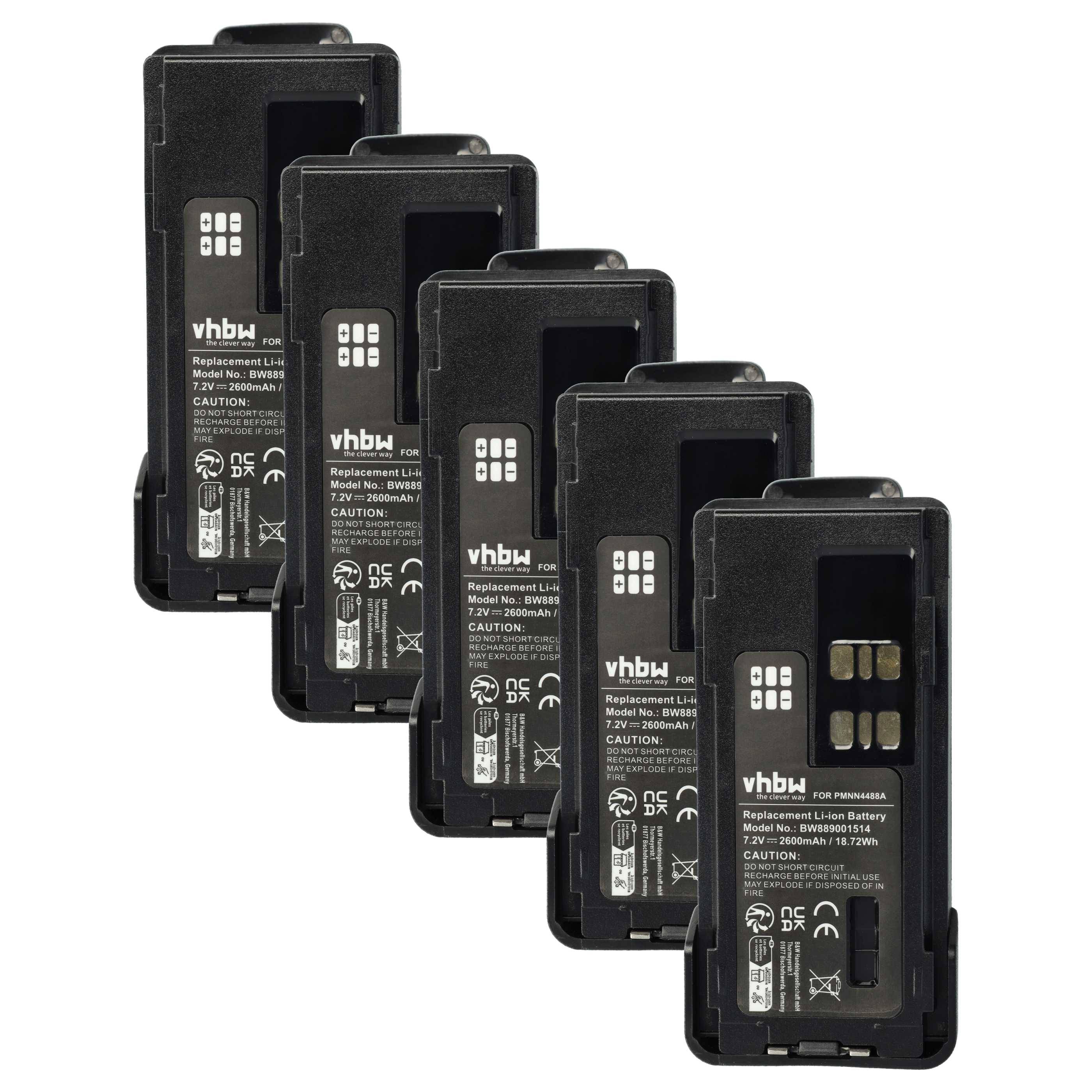 vhbw 5x Akku kompatibel mit Motorola XiR P8660, P6620, P6600, P8620, P8600 Funkgerät, Walkie Talkie (2600 mAh, 7,4 V, Li-Ion) + Gürtelclip