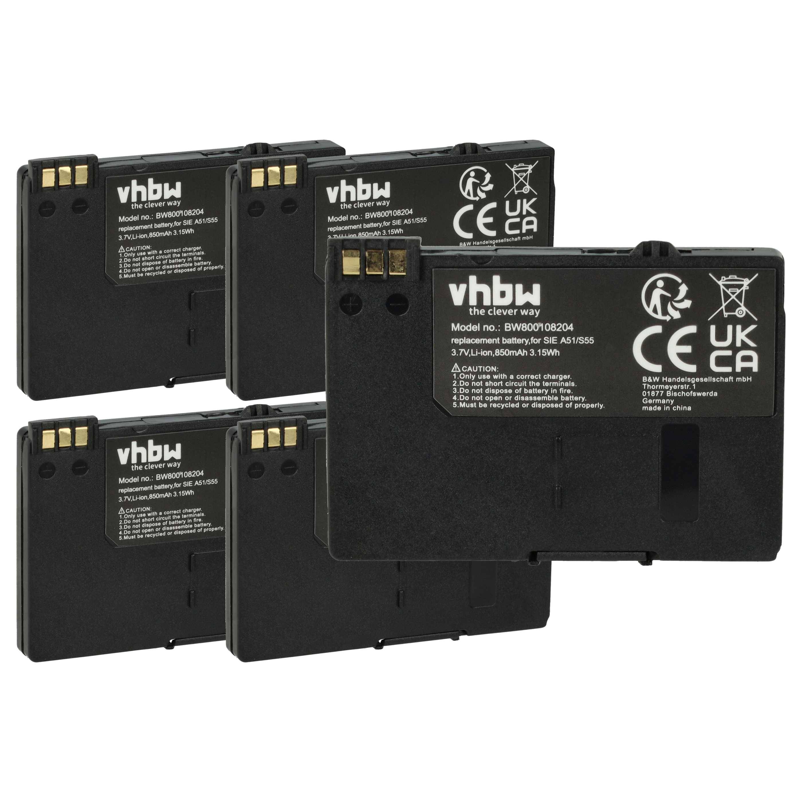 vhbw 5x Akku kompatibel mit Way Systems MTT 1571, 1581, 1531, 1556, 1510, 1500 Handy Smartphone Telefon (850 mAh, 3,7 V, Li-Ion)