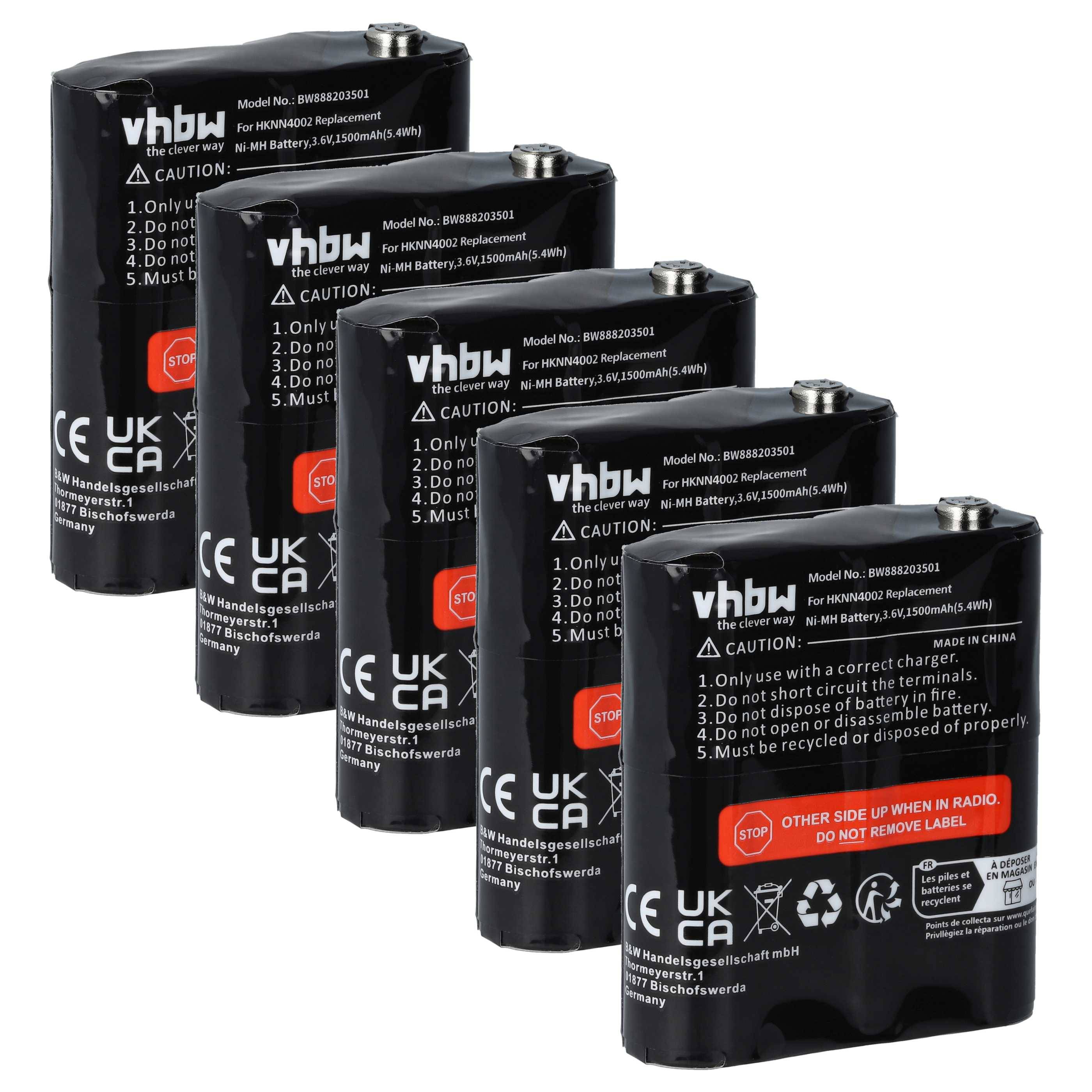vhbw 5x Akku kompatibel mit Motorola Talkabout SX800R, T260, T200, SX900R, SX900, T400, T280, T265 Funkgerät, Walkie Talkie (1500 mAh, 3,6 V, NiMH)