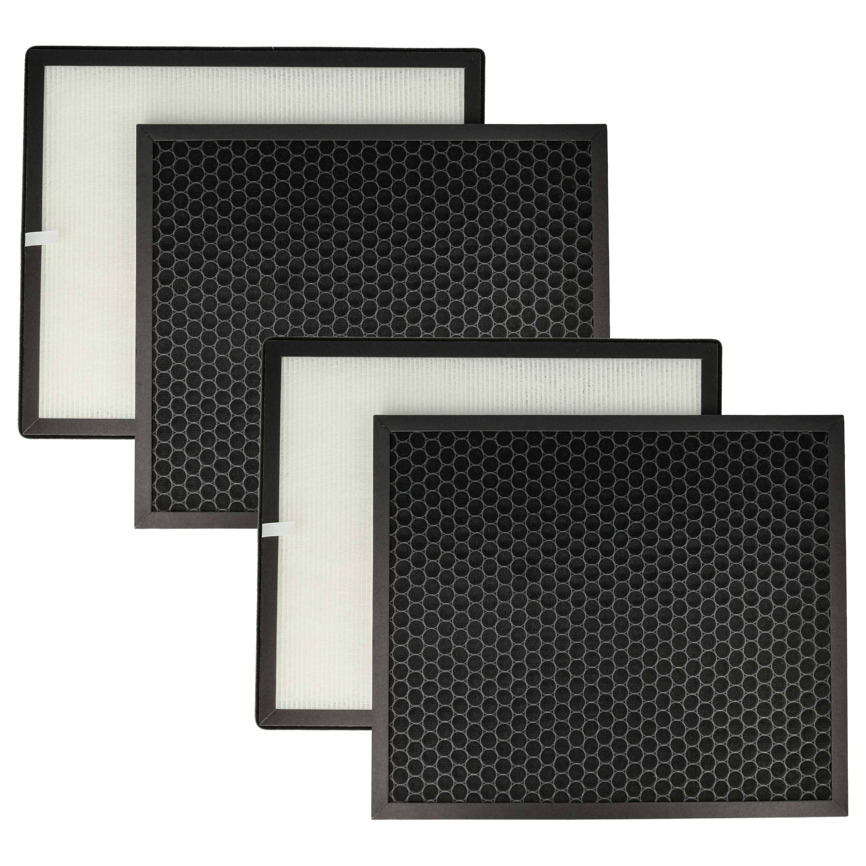 Vier schwarze rechteckige Luftfilter mit hexagonalen Mustern, in gestaffelter Anordnung angeordnet, was mehrere Filtrationsstufen anzeigt.