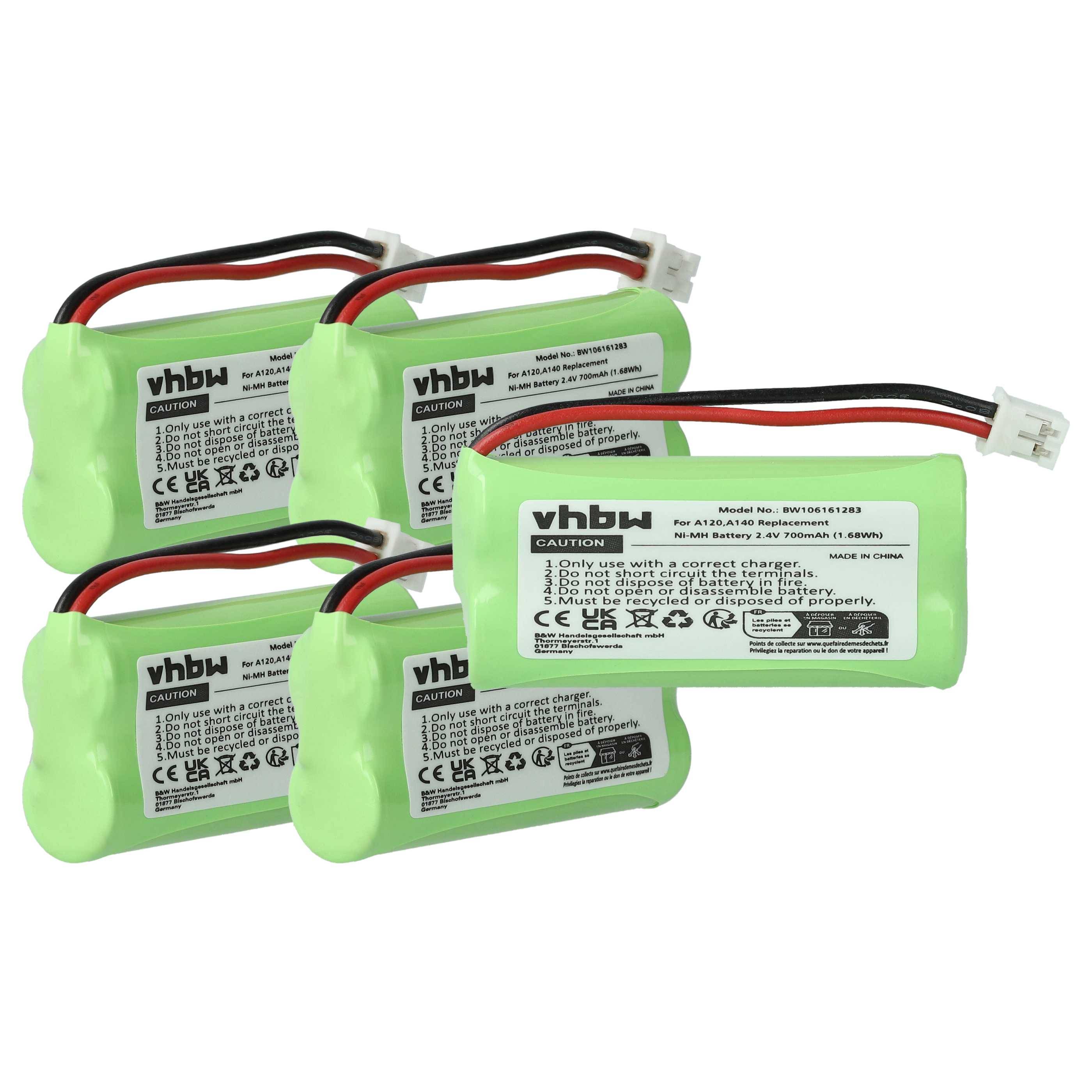 vhbw 5x Akku kompatibel mit T-Com Sinus 100 schnurlos Festnetz Telefon (700 mAh, 2,4 V, NiMH)