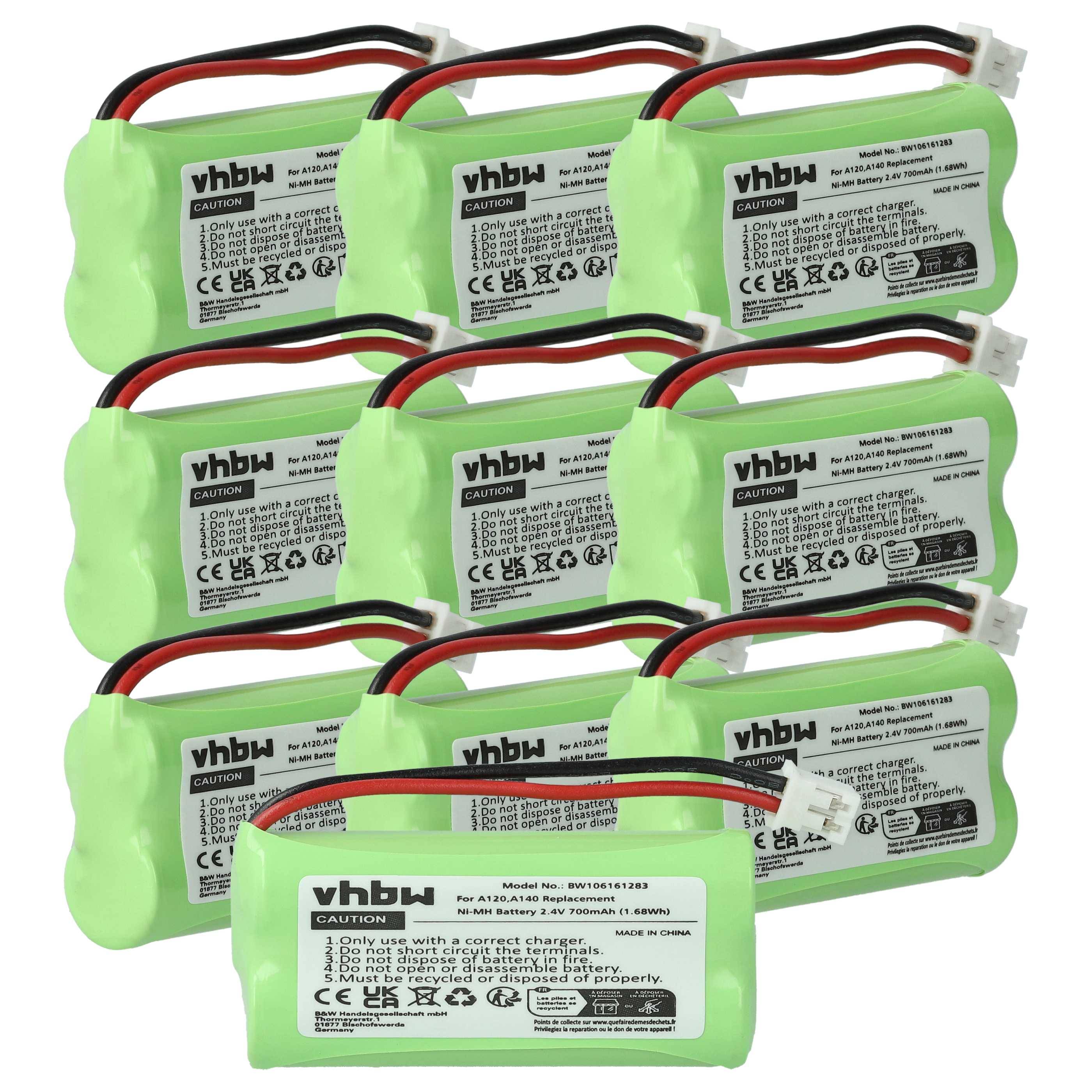 vhbw 10x Akku kompatibel mit T-Com Sinus 100 schnurlos Festnetz Telefon (700 mAh, 2,4 V, NiMH)