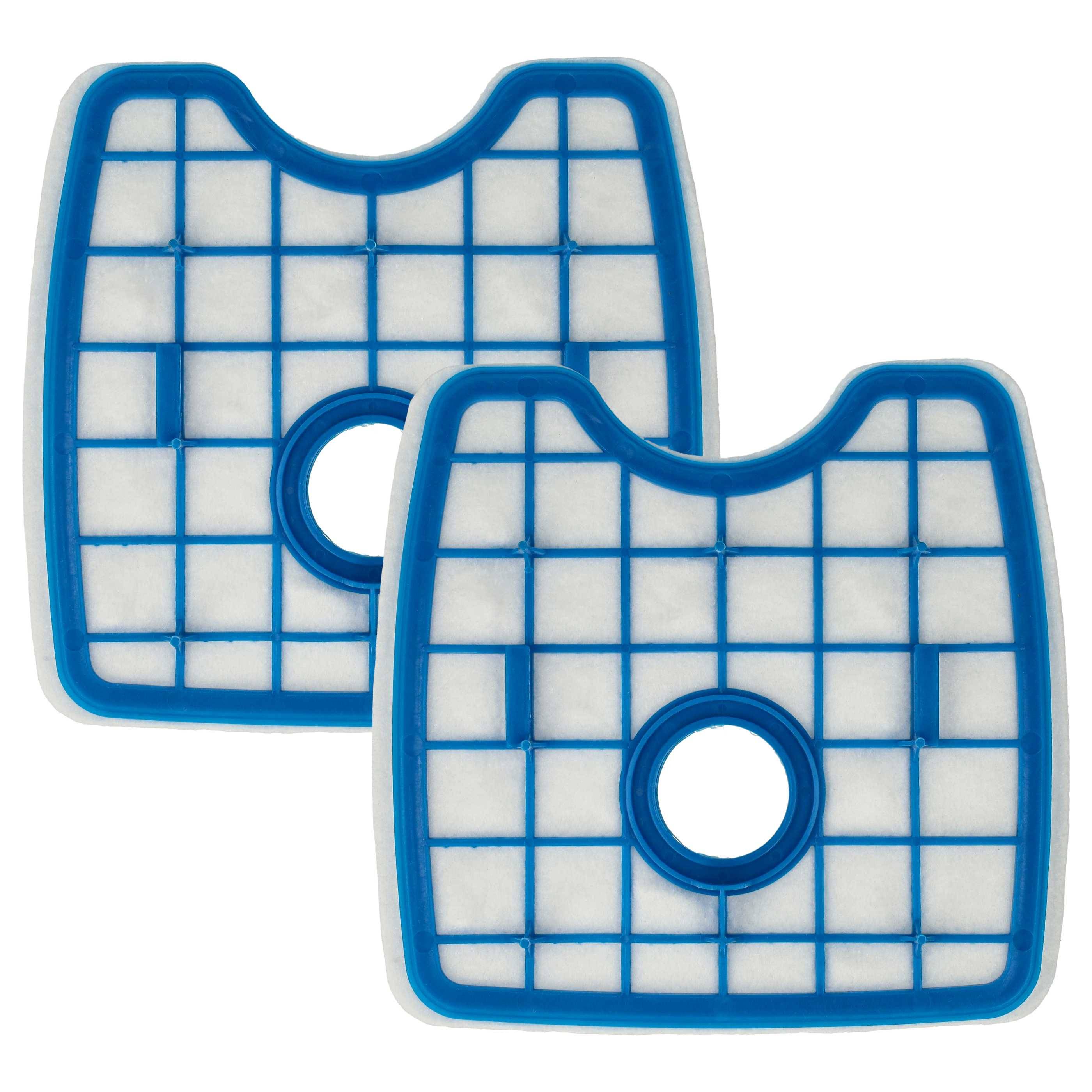 Zwei blau-weiße Luftfilter mit Gittermustern und kreisförmigen Öffnungen in der Mitte, nebeneinander platziert.