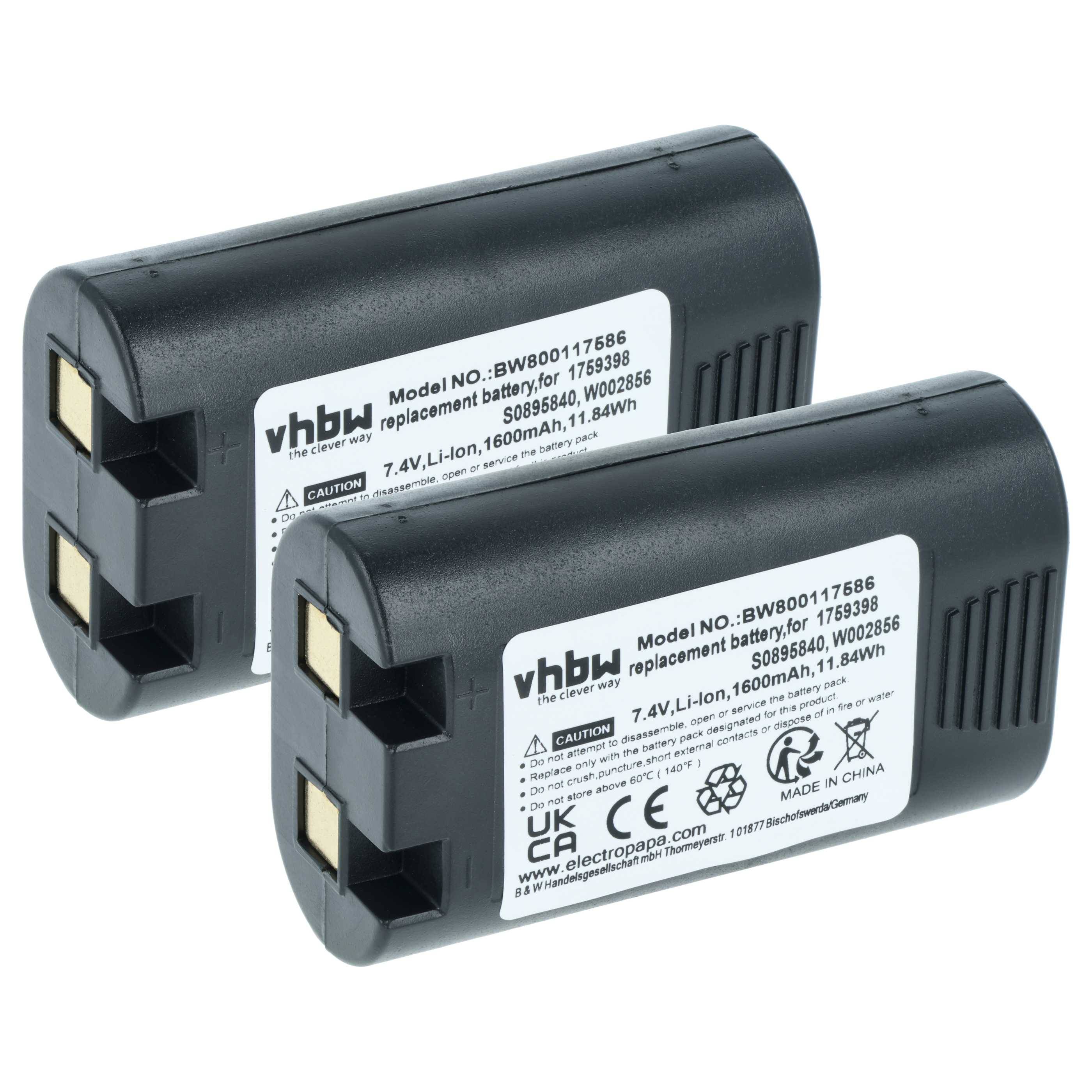 vhbw 2x Akku Ersatz für 3M PL-200-BAT für Drucker Kopierer Scanner Etiketten-Drucker (1600 mAh, 7,4 V, Li-Ion)
