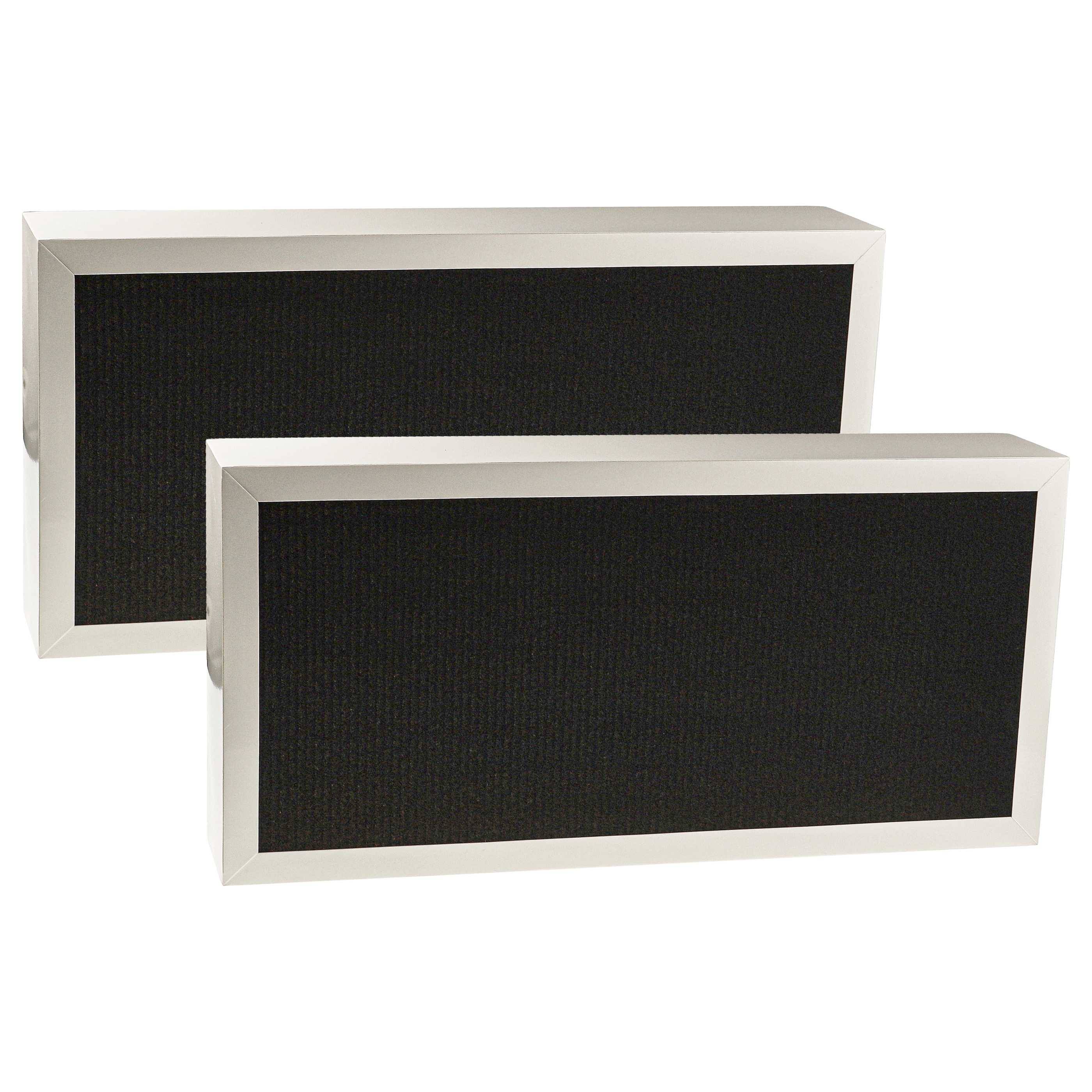 Zwei rechteckige weiße Luftfilter mit schwarzen Netzoberflächen, die zur Verwendung in Lüftungsanlagen mit Kanälen ausgelegt sind, vor einem einfachen Hintergrund dargestellt.