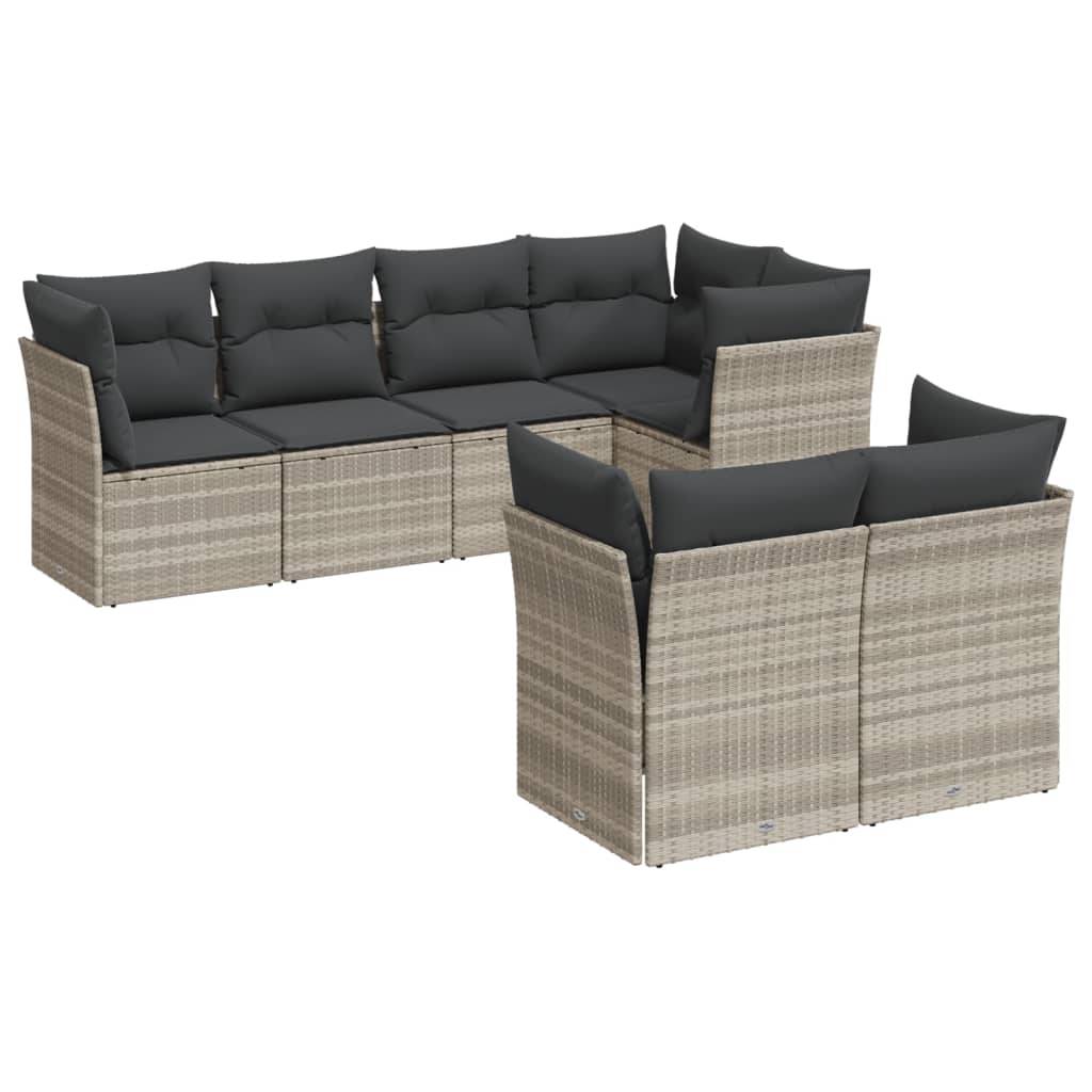 vidaXL 7-tlg. Garten-Sofagarnitur mit Kissen Hellgrau Poly Rattan