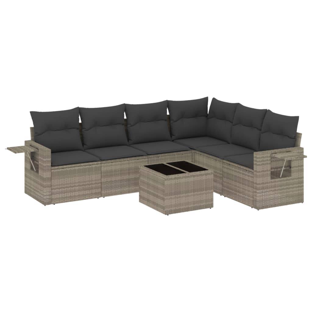 vidaXL 7-tlg. Garten-Sofagarnitur mit Kissen Hellgrau Poly Rattan
