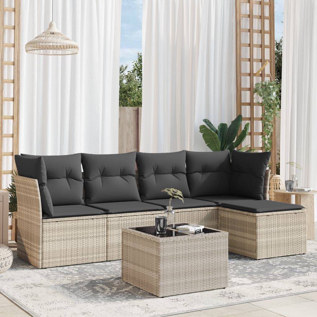 vidaXL 6-tlg. Garten-Sofagarnitur mit Kissen Hellgrau Poly Rattan