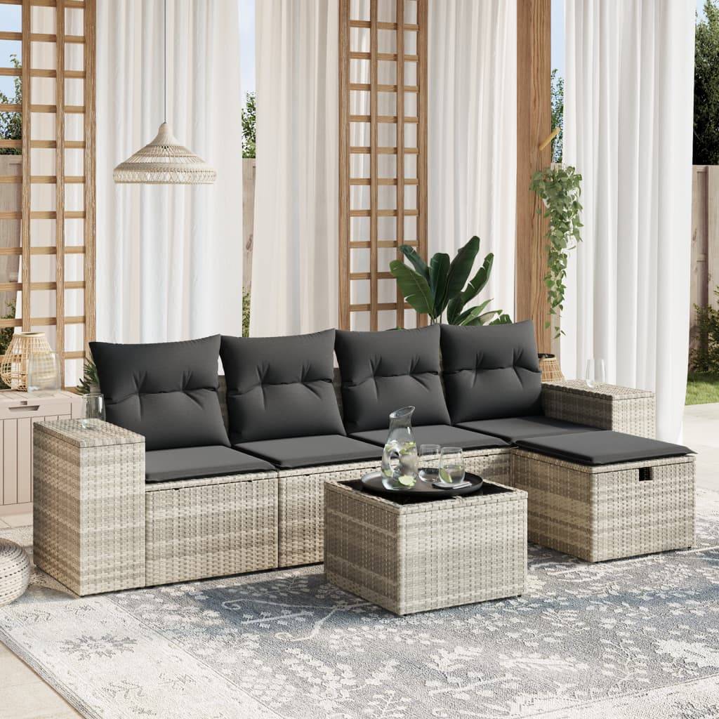vidaXL 6-tlg. Garten-Sofagarnitur mit Kissen Hellgrau Poly Rattan