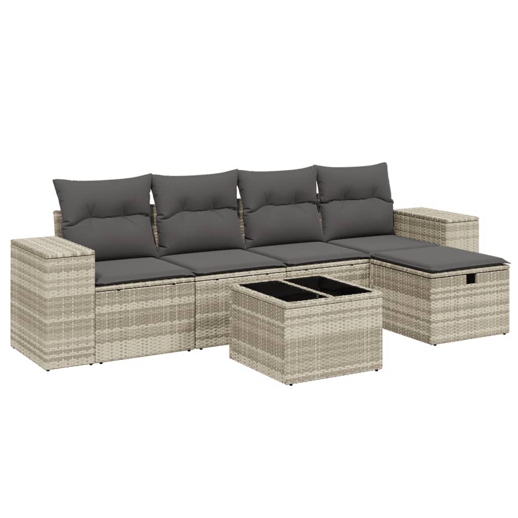 vidaXL 6-tlg. Garten-Sofagarnitur mit Kissen Hellgrau Poly Rattan