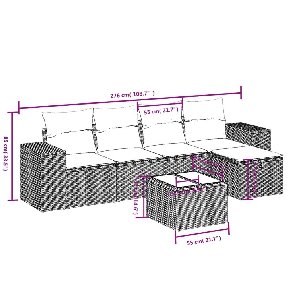 vidaXL 6-tlg. Garten-Sofagarnitur mit Kissen Hellgrau Poly Rattan
