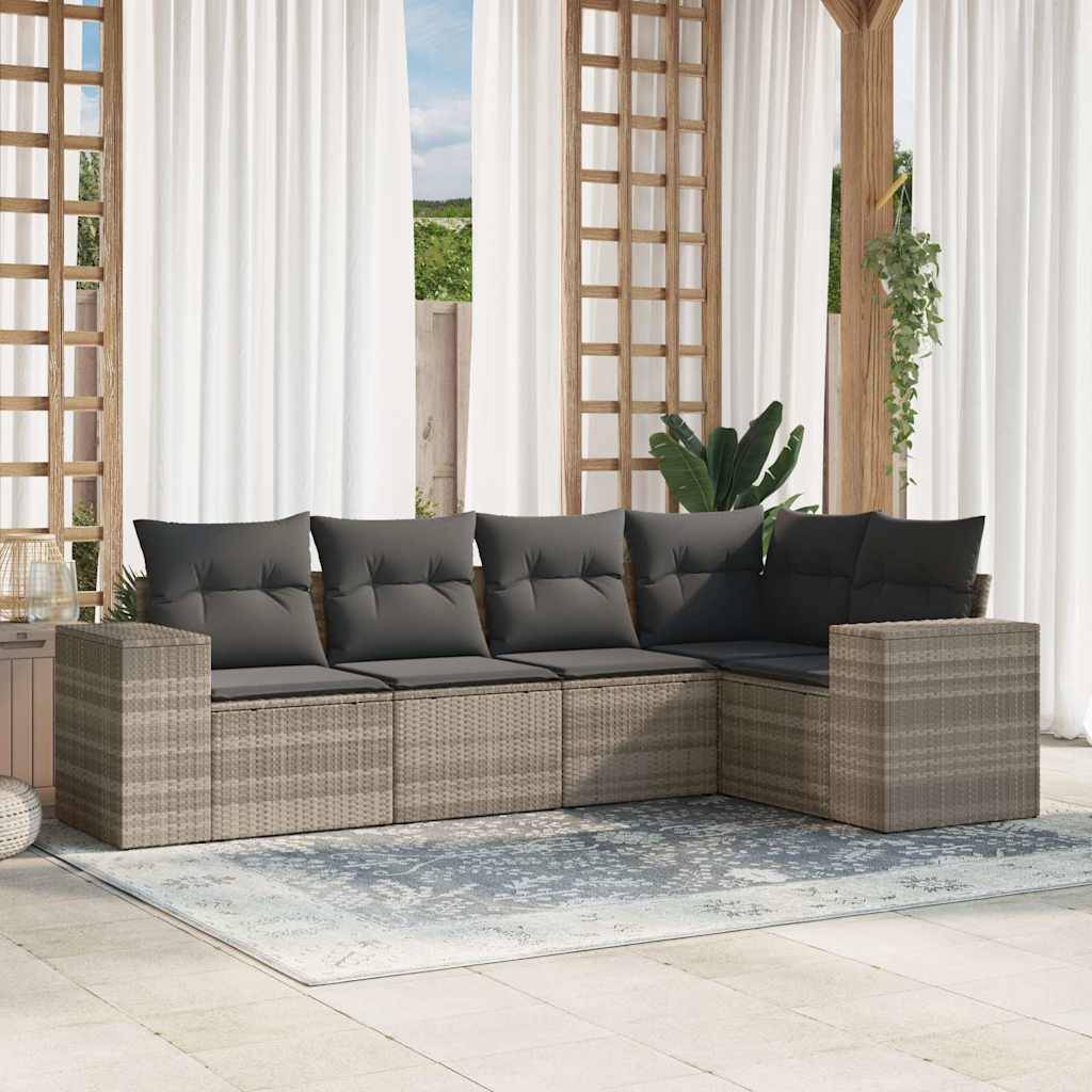 vidaXL 5-tlg. Garten-Sofagarnitur mit Kissen Hellgrau Poly Rattan