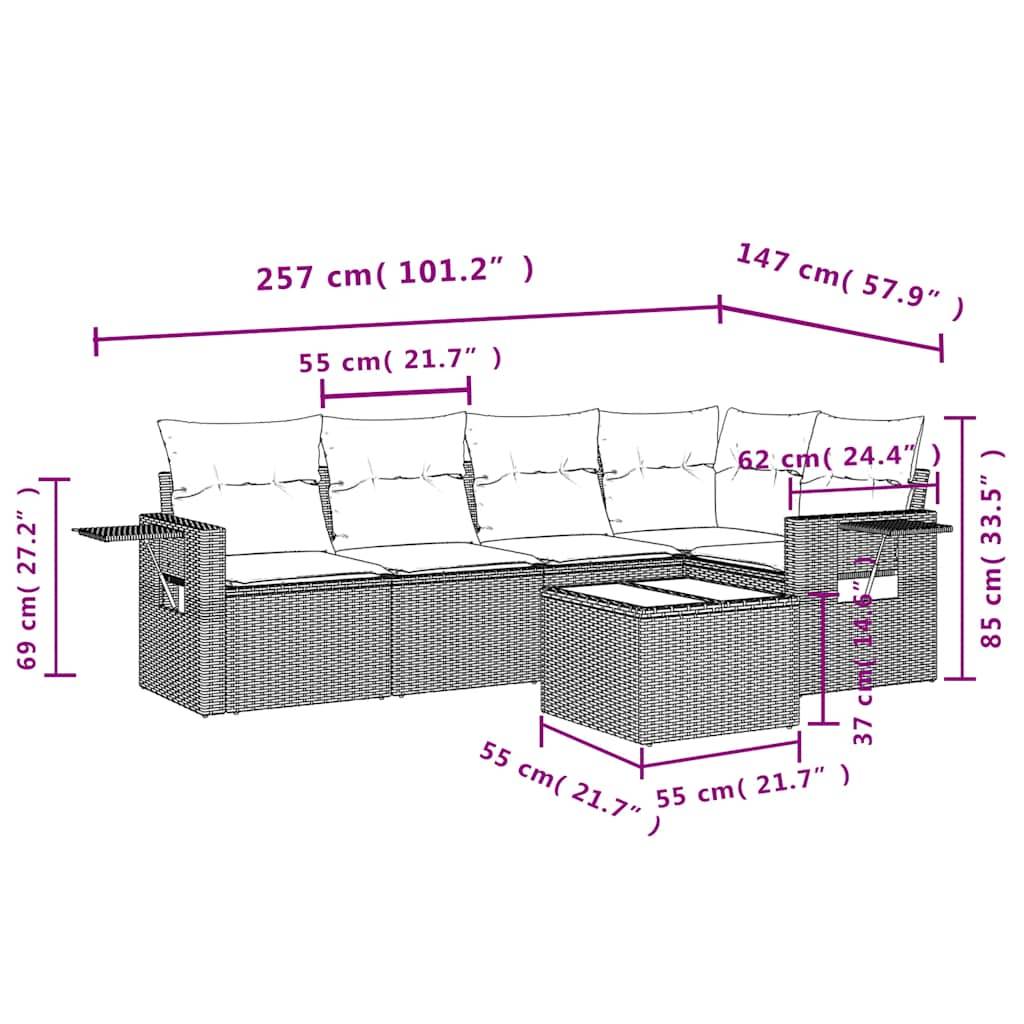 vidaXL 6-tlg. Garten-Sofagarnitur mit Kissen Hellgrau Poly Rattan