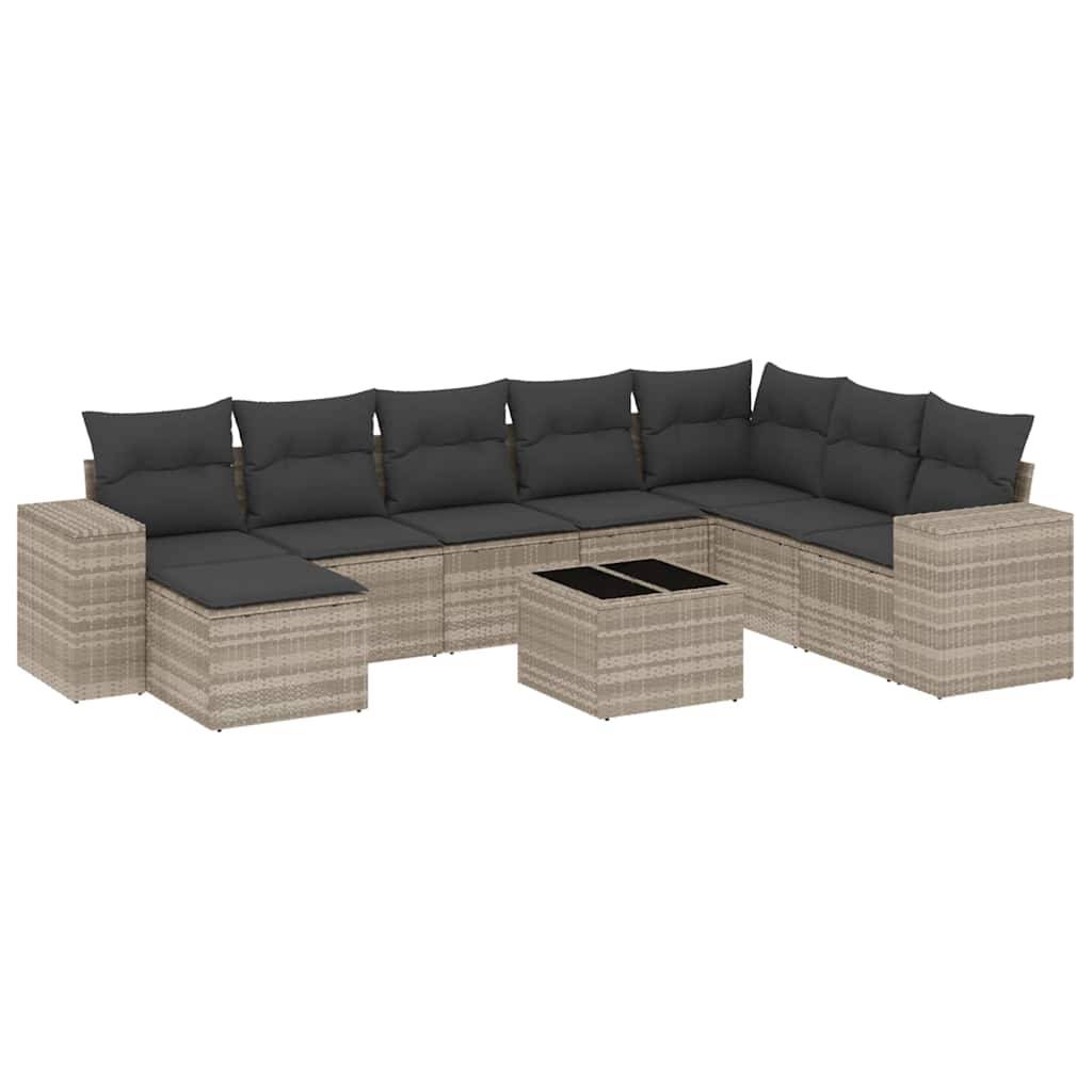 vidaXL 9-tlg. Garten-Sofagarnitur mit Kissen Hellgrau Poly Rattan