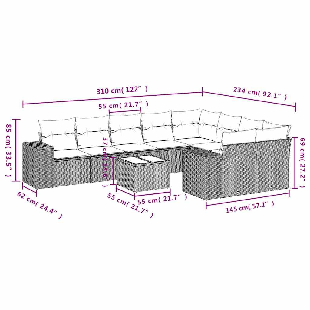 vidaXL 10-tlg. Garten-Sofagarnitur mit Kissen Hellgrau Poly Rattan
