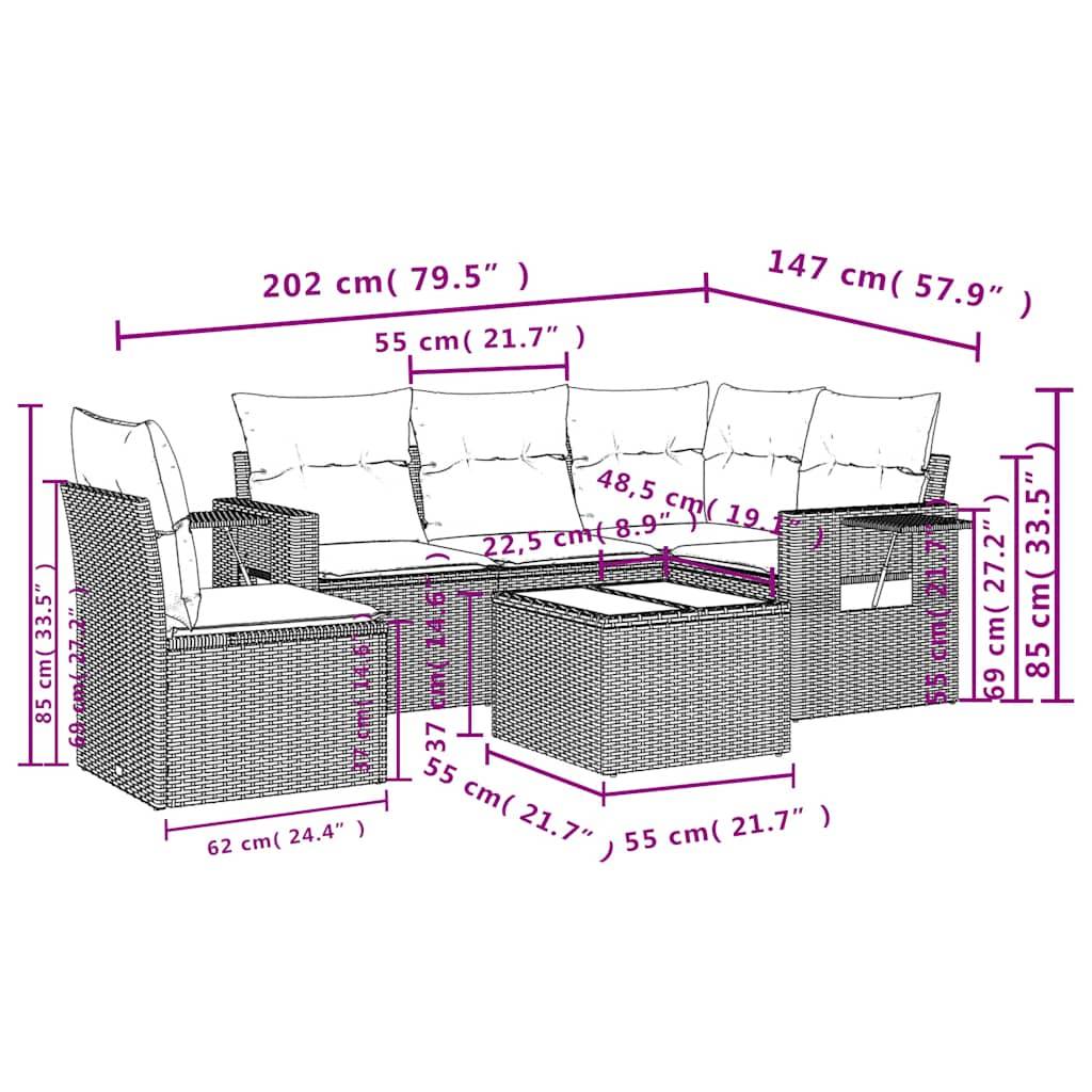 vidaXL 6-tlg. Garten-Sofagarnitur mit Kissen Hellgrau Poly Rattan