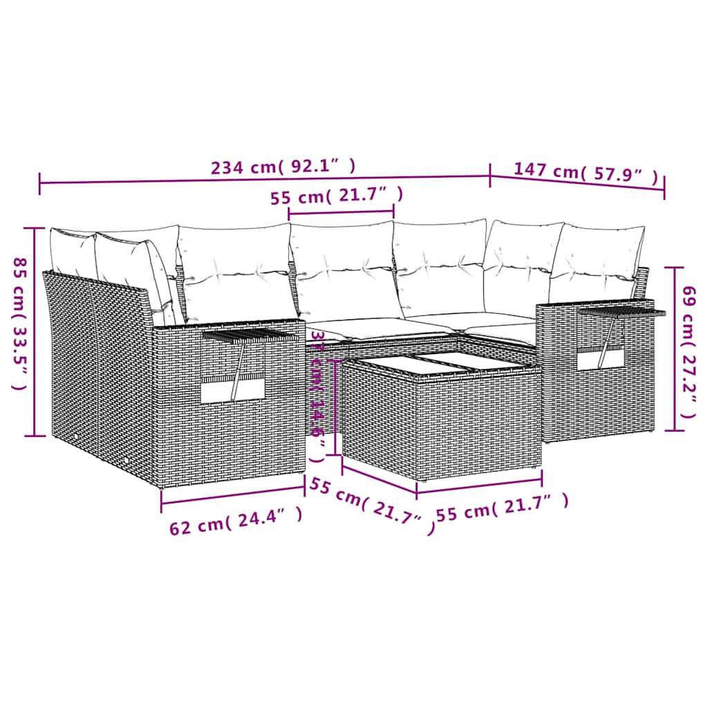 vidaXL 7-tlg. Garten-Sofagarnitur mit Kissen Hellgrau Poly Rattan