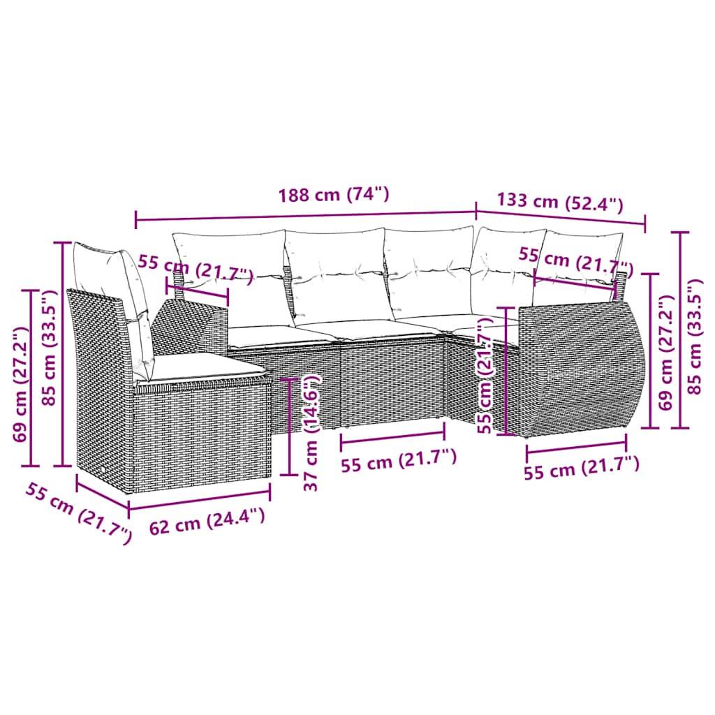 vidaXL 5-tlg. Garten-Sofagarnitur mit Kissen Hellgrau Poly Rattan