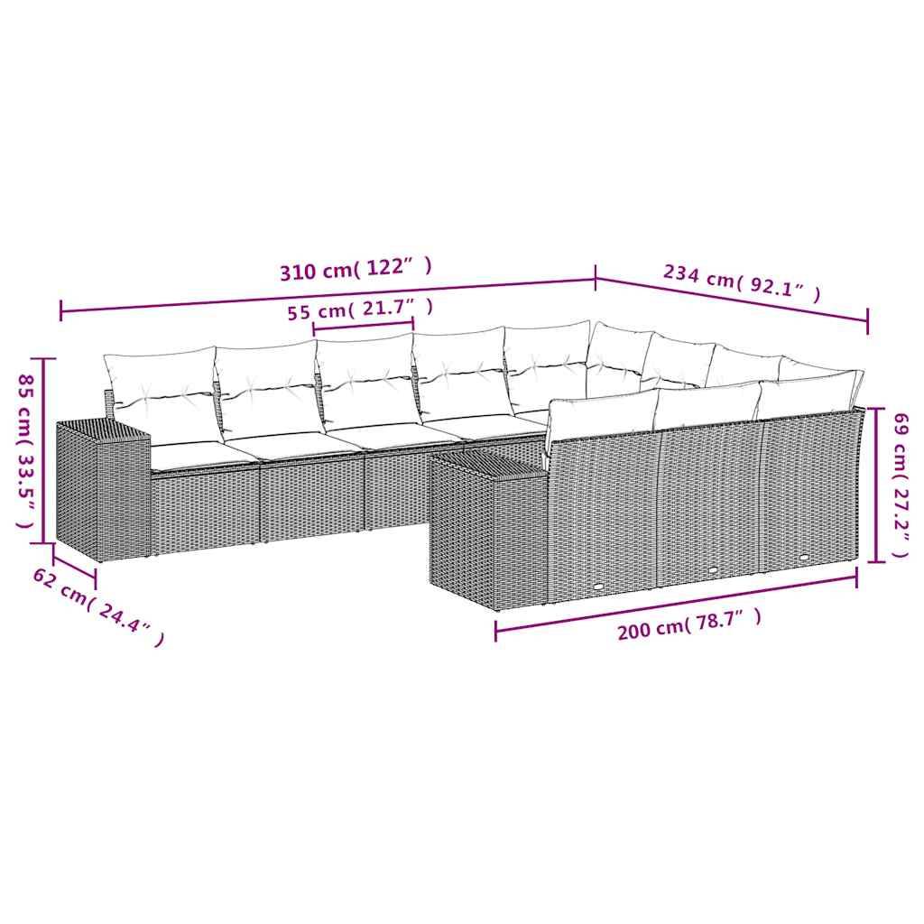 vidaXL 10-teiliges Gartensofa-Set mit Kissen, schwarzes Polyrattan