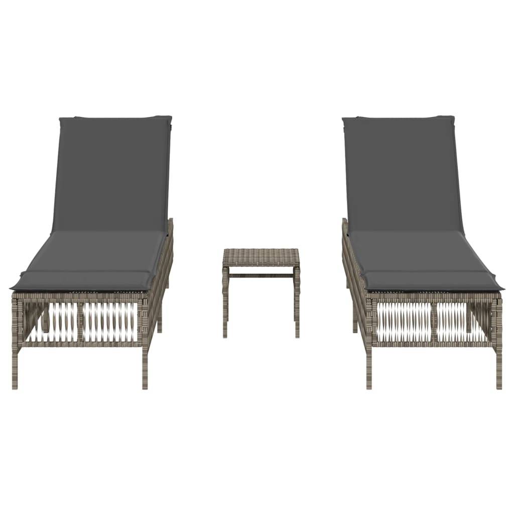 vidaXL Sonnenliegen 2 Stk. mit Tisch Grau Poly Rattan