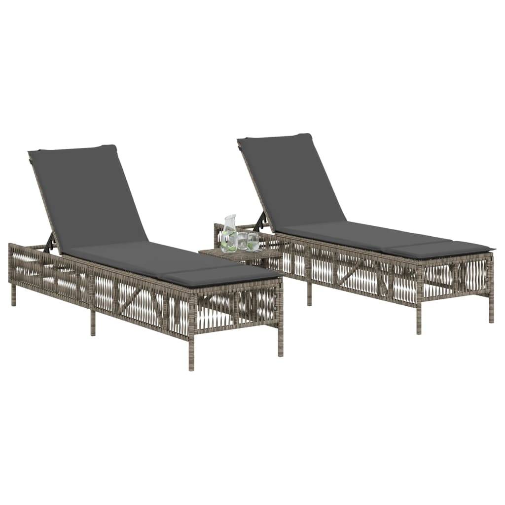 vidaXL Sonnenliegen 2 Stk. mit Tisch Grau Poly Rattan