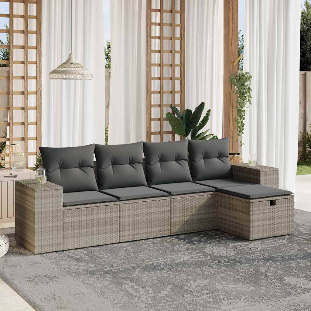 vidaXL 5-tlg. Garten-Sofagarnitur mit Kissen Hellgrau Poly Rattan