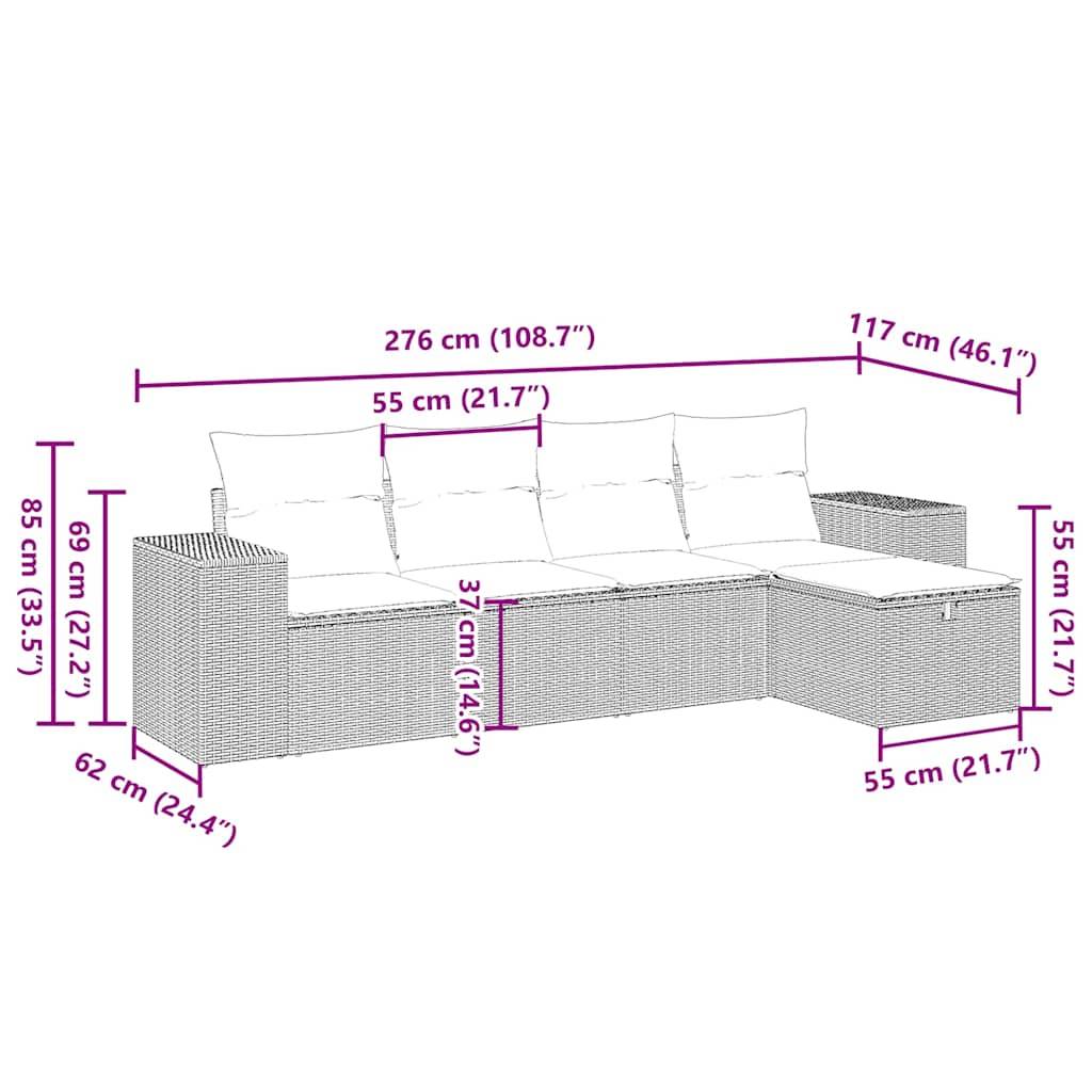 vidaXL 5-tlg. Garten-Sofagarnitur mit Kissen Hellgrau Poly Rattan