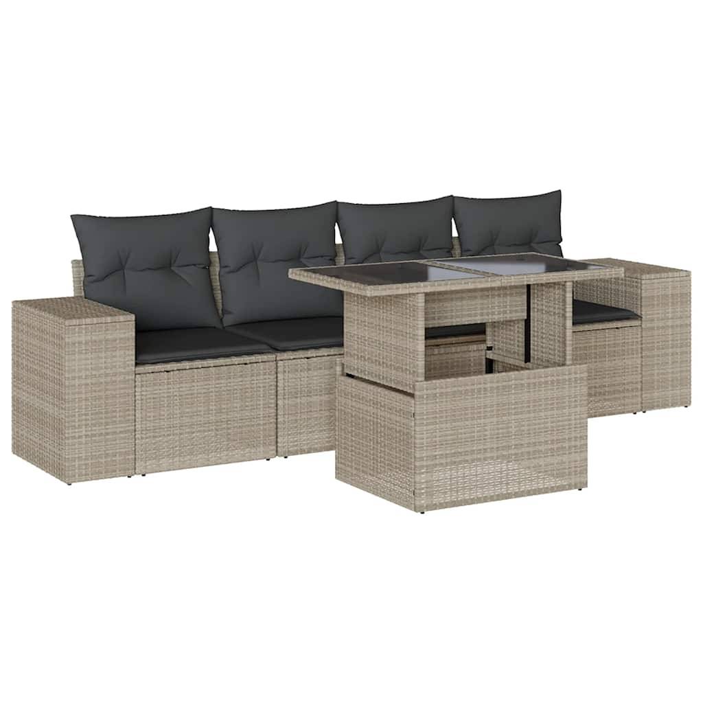 vidaXL 5-tlg. Garten-Sofagarnitur mit Kissen Hellgrau Poly Rattan