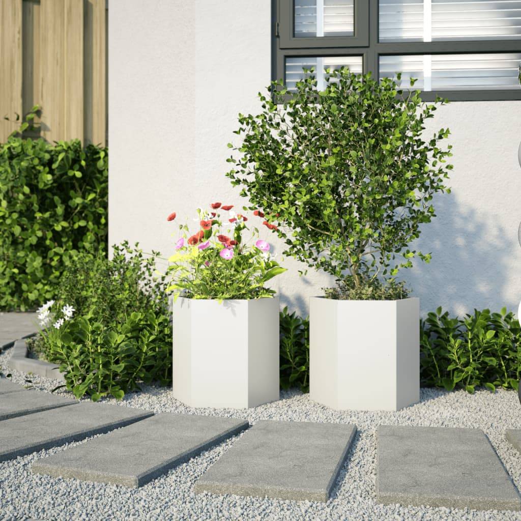 vidaXL Garten-Pflanzgefäße 2 Stück Weiß Sechseckig 46x40x45 Stahl