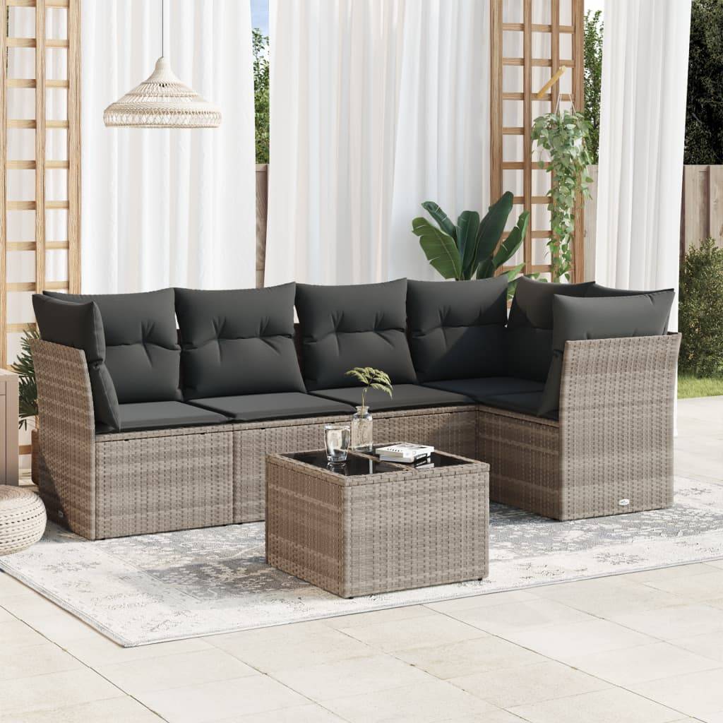 vidaXL 6-tlg. Garten-Sofagarnitur mit Kissen Hellgrau Poly Rattan