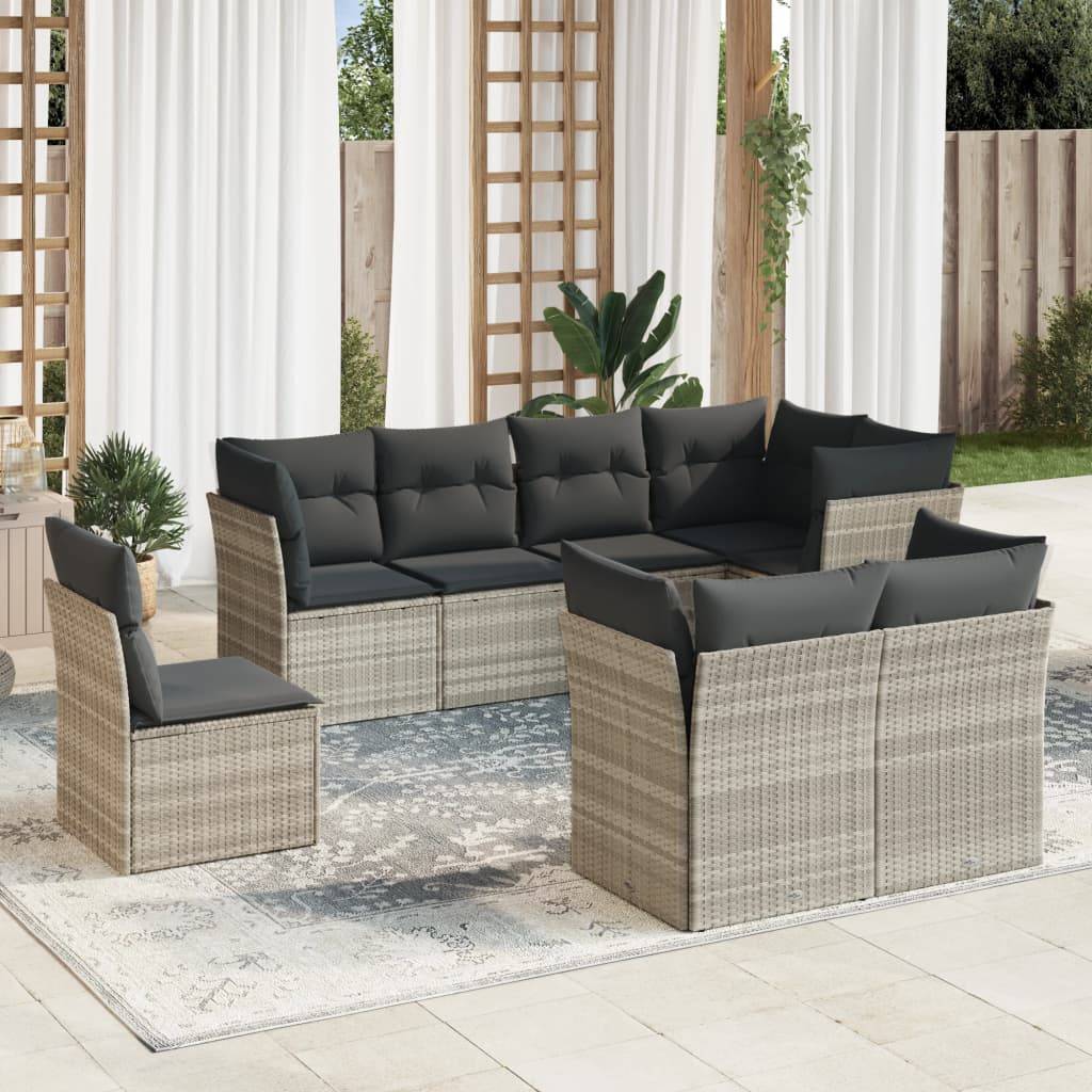 vidaXL 8-tlg. Garten-Sofagarnitur mit Kissen Hellgrau Poly Rattan