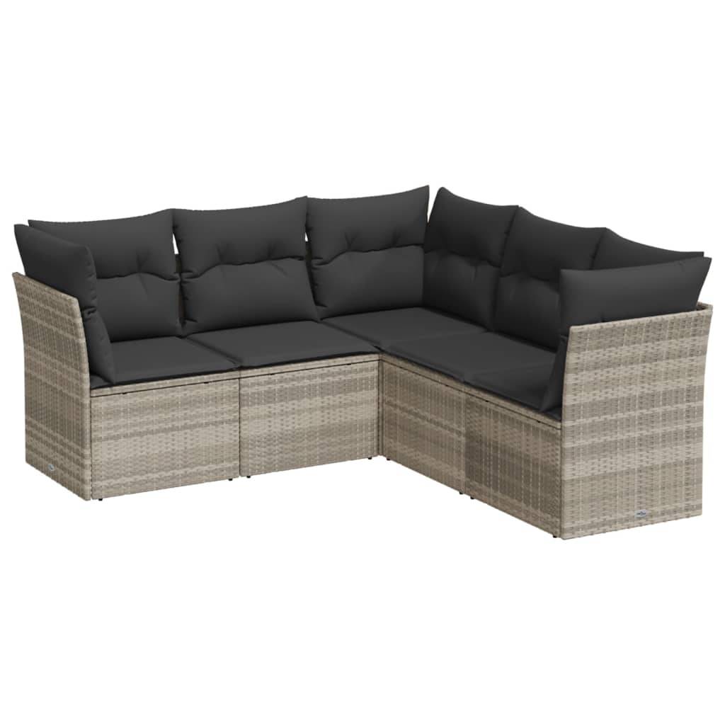 vidaXL 5-tlg. Garten-Sofagarnitur mit Kissen Hellgrau Poly Rattan