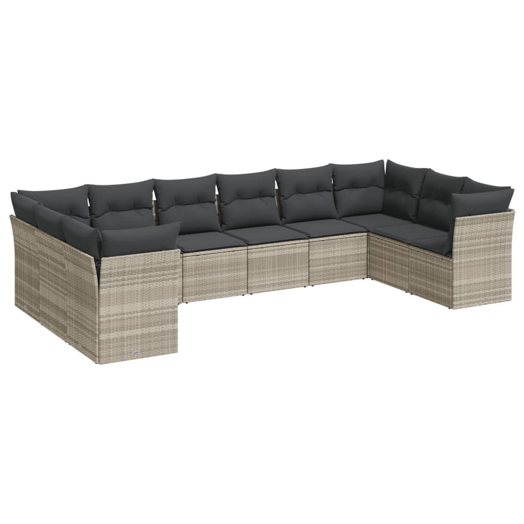 vidaXL 10-tlg. Garten-Sofagarnitur mit Kissen Hellgrau Poly Rattan