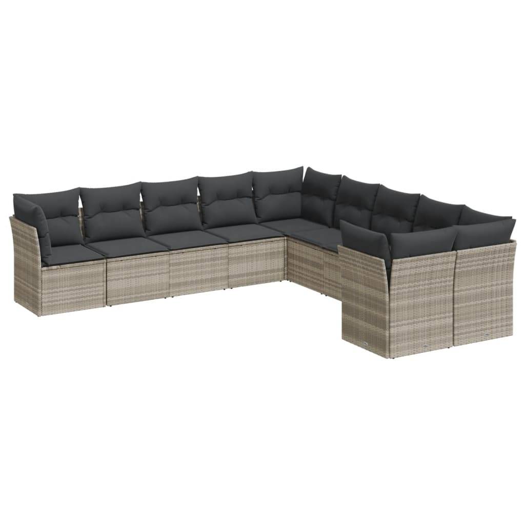 vidaXL 10-tlg. Garten-Sofagarnitur mit Kissen Hellgrau Poly Rattan
