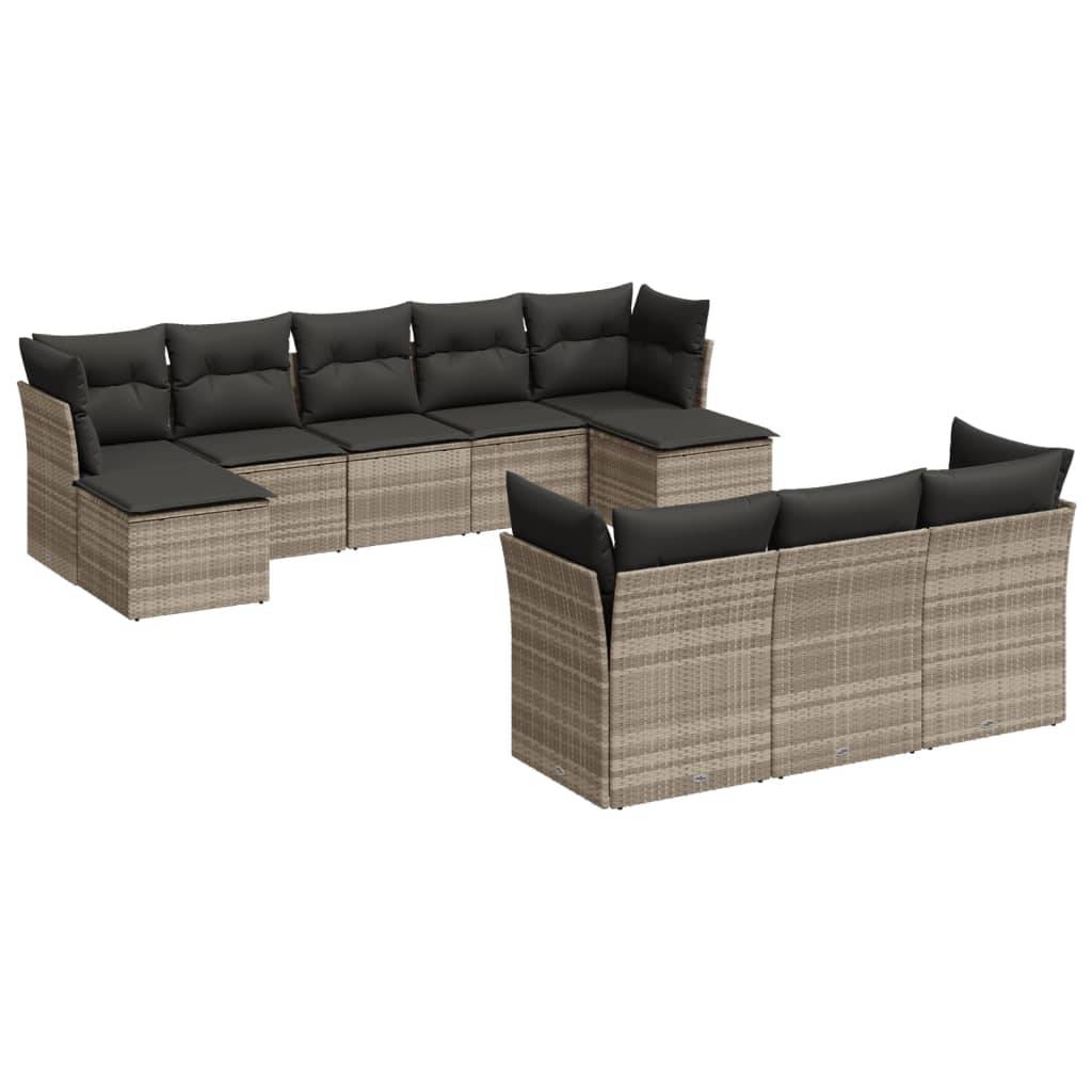 vidaXL 10-tlg. Garten-Sofagarnitur mit Kissen Hellgrau Poly Rattan