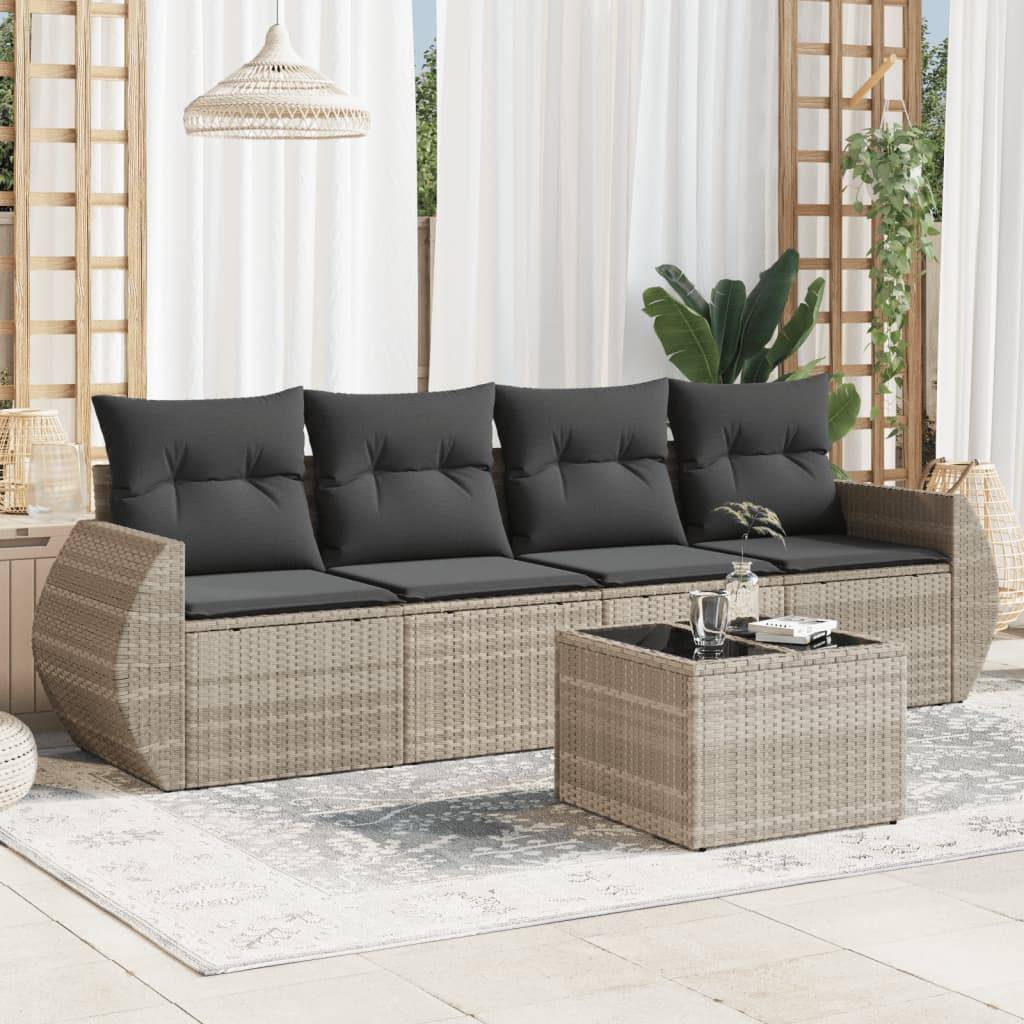 vidaXL 5-tlg. Garten-Sofagarnitur mit Kissen Hellgrau Poly Rattan