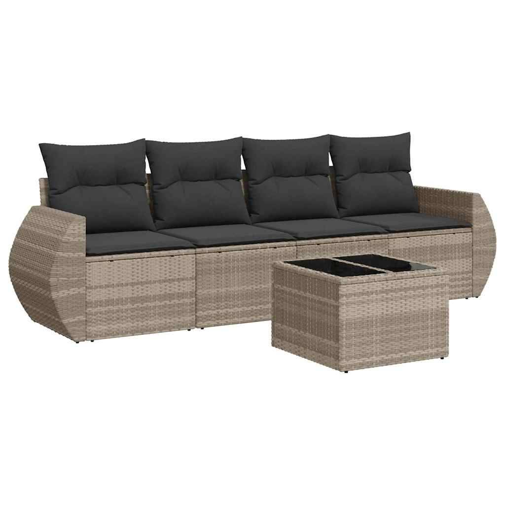 vidaXL 5-tlg. Garten-Sofagarnitur mit Kissen Hellgrau Poly Rattan