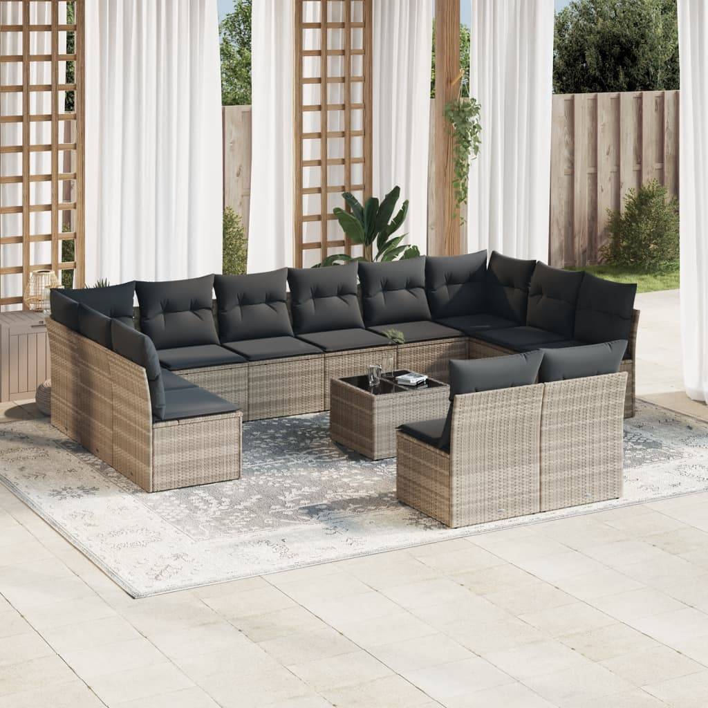 vidaXL 13-tlg. Garten-Sofagarnitur mit Kissen Hellgrau Poly Rattan