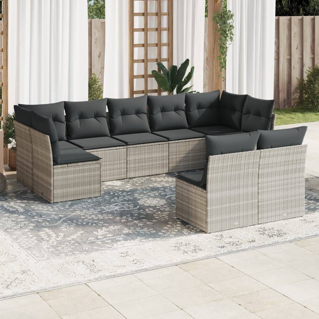 vidaXL 9-tlg. Garten-Sofagarnitur mit Kissen Hellgrau Poly Rattan