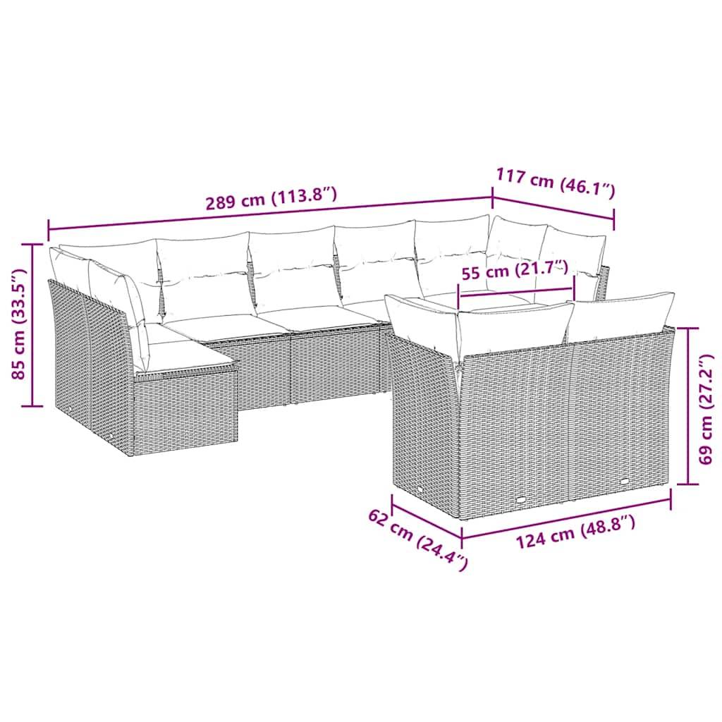 vidaXL 9-tlg. Garten-Sofagarnitur mit Kissen Hellgrau Poly Rattan