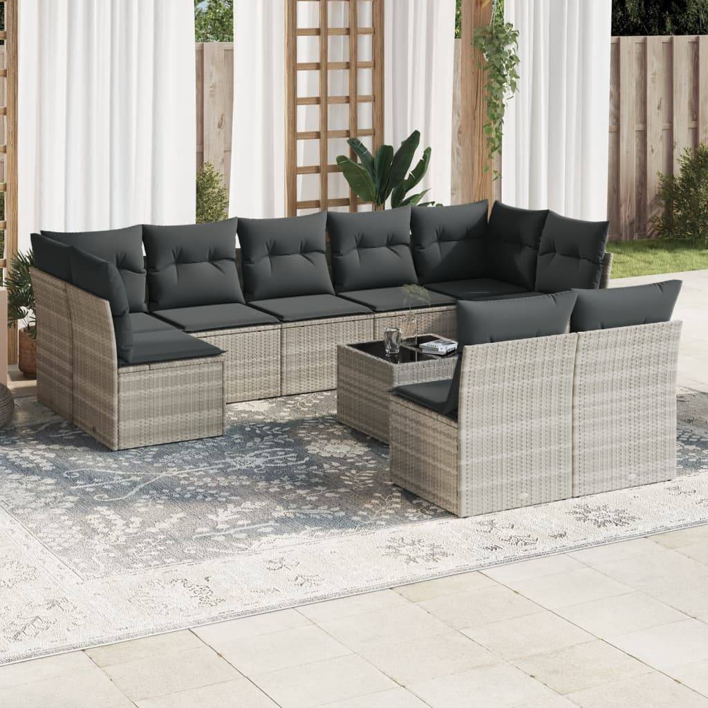 vidaXL 10-tlg. Garten-Sofagarnitur mit Kissen Hellgrau Poly Rattan