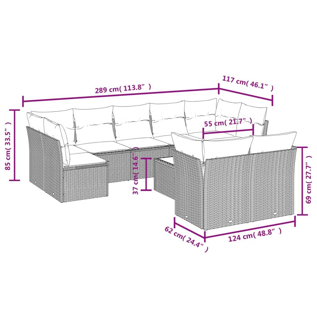 vidaXL 10-tlg. Garten-Sofagarnitur mit Kissen Hellgrau Poly Rattan
