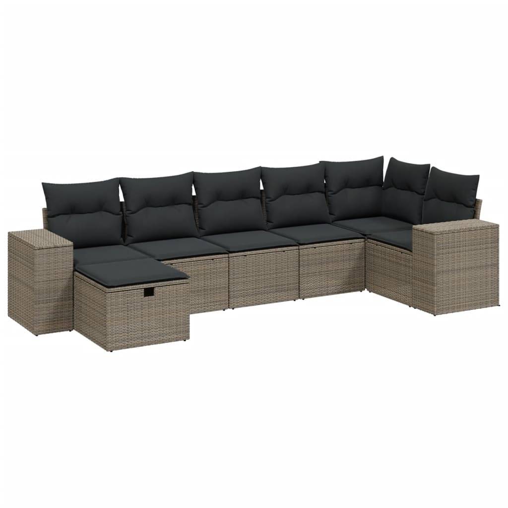 vidaXL 7-tlg. Garten-Sofagarnitur mit Kissen Hellgrau Poly Rattan