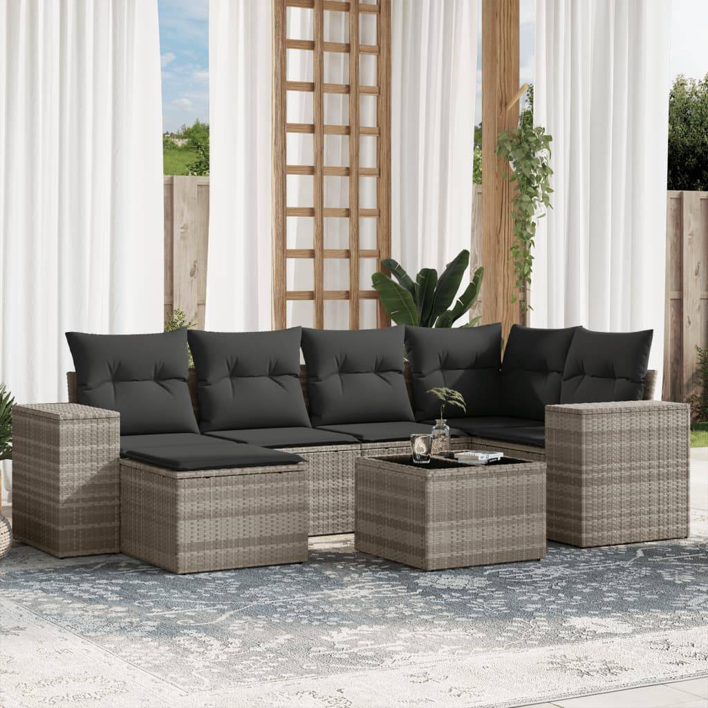 vidaXL 7-tlg. Garten-Sofagarnitur mit Kissen Hellgrau Poly Rattan