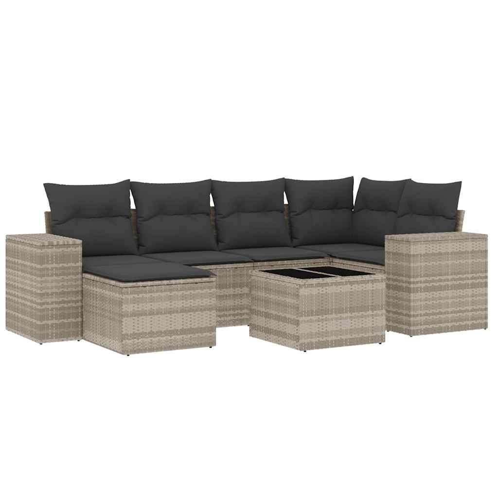 vidaXL 7-tlg. Garten-Sofagarnitur mit Kissen Hellgrau Poly Rattan