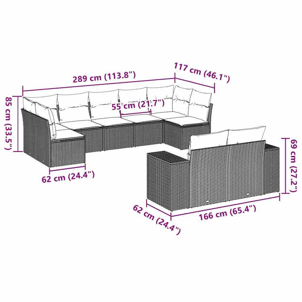 vidaXL 9-tlg. Garten-Sofagarnitur mit Kissen Hellgrau Poly Rattan