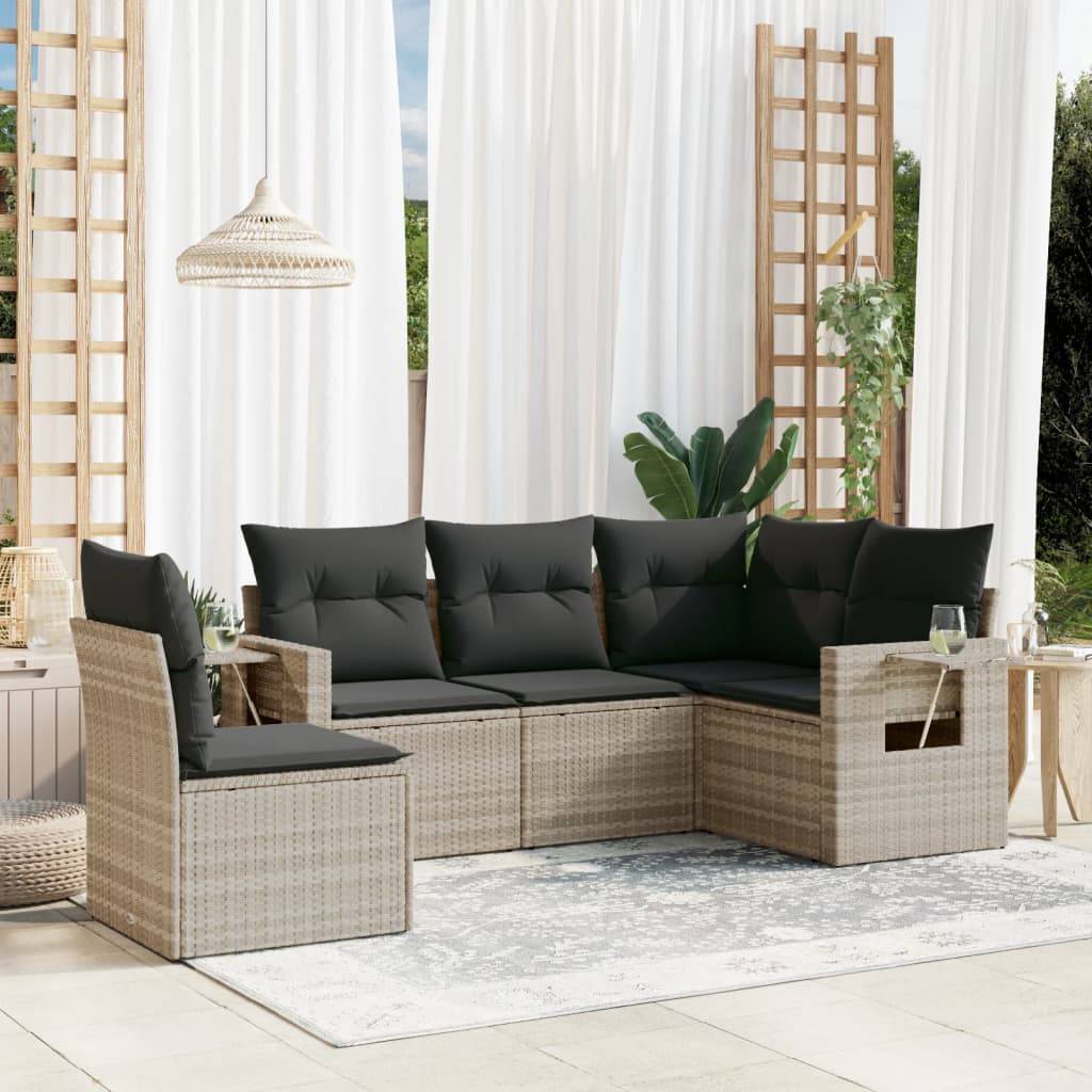 vidaXL 5-tlg. Garten-Sofagarnitur mit Kissen Hellgrau Poly Rattan